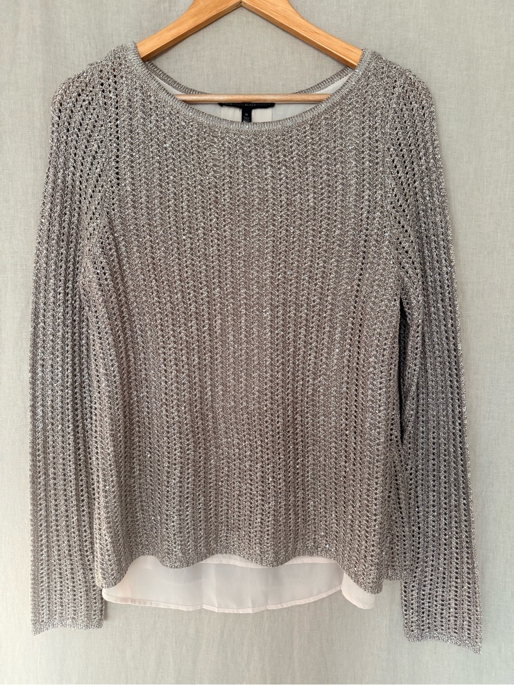 White House Black Market | Champagne Sequin Sweater | Split Back Chiffon Lining - Picture 3 of 14